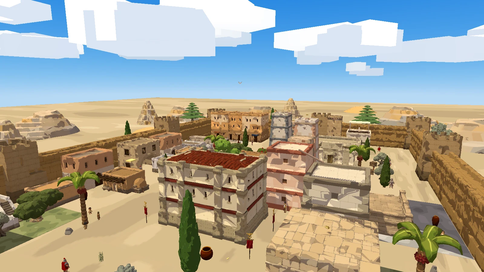 Vista de las casas, palmeras y azoteas del Barrio del Pez en el juego real de Unity